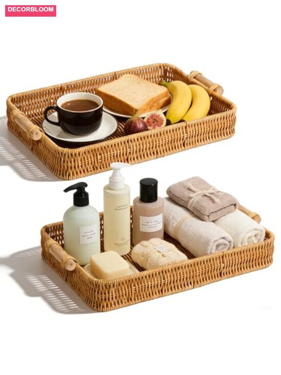 Other - 2-Pack Large Rectangular Faux Rattan Serving Tray with Wooden Handles, Woven